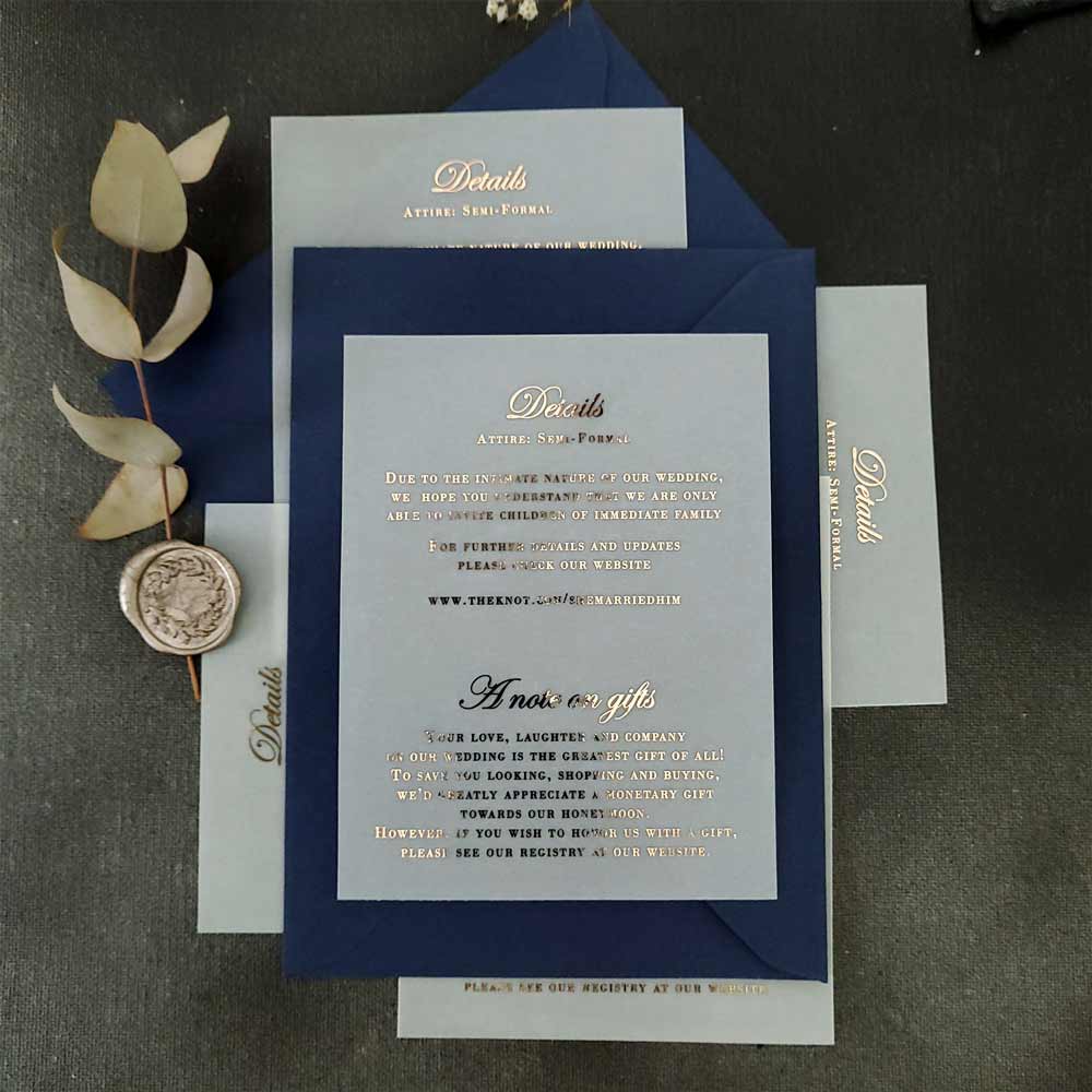 Wedding details enclosure card with gold foil on vellum - XOXOKristen