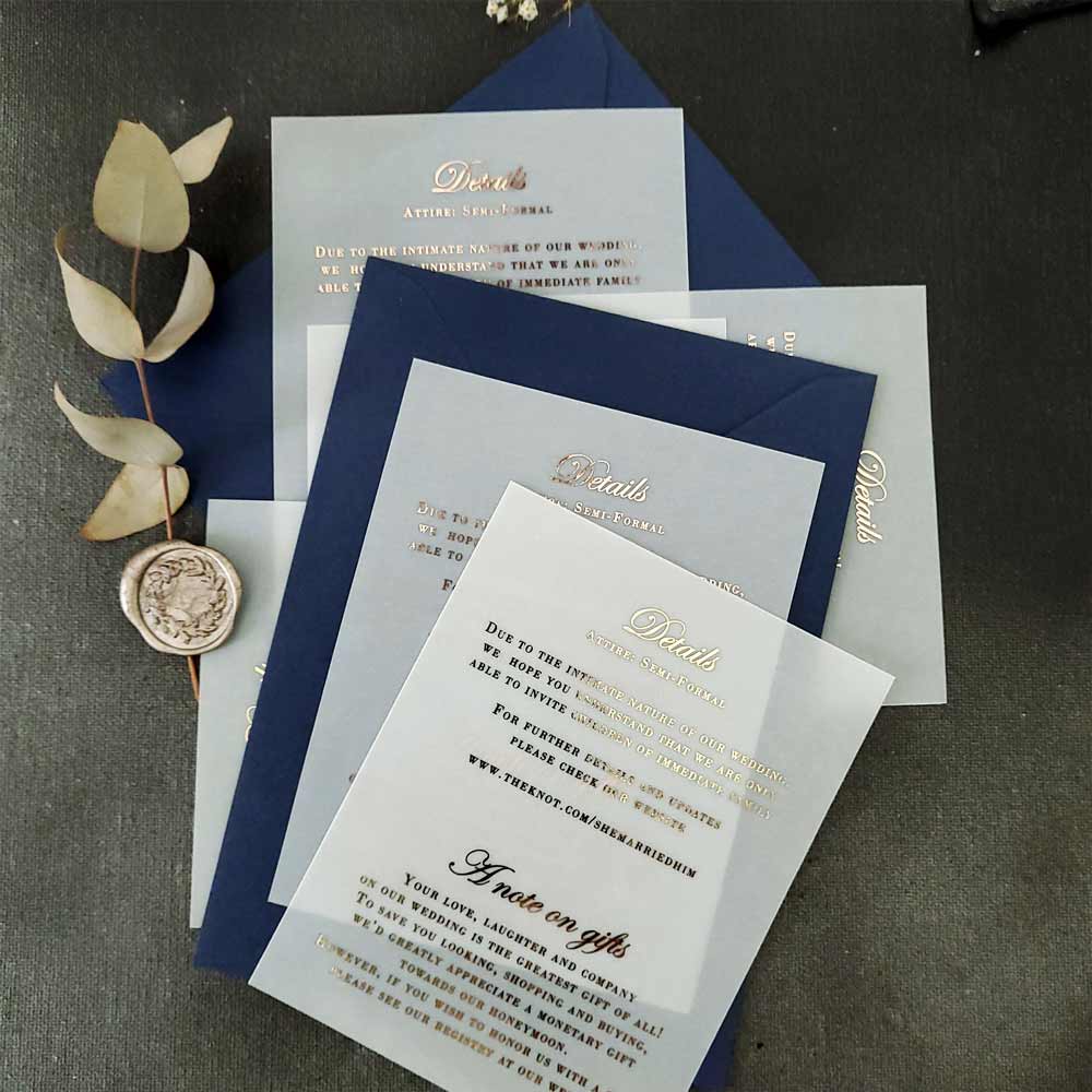 Wedding details enclosure card with gold foil on vellum - XOXOKristen