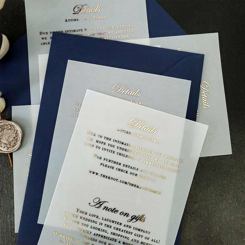 Wedding details enclosure card with gold foil on vellum - XOXOKristen