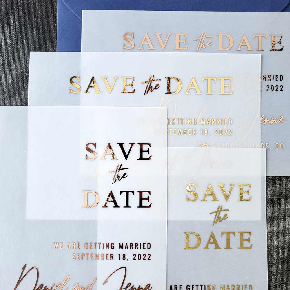 gold foiled vellum wedding save the date cards - XOXOKristen