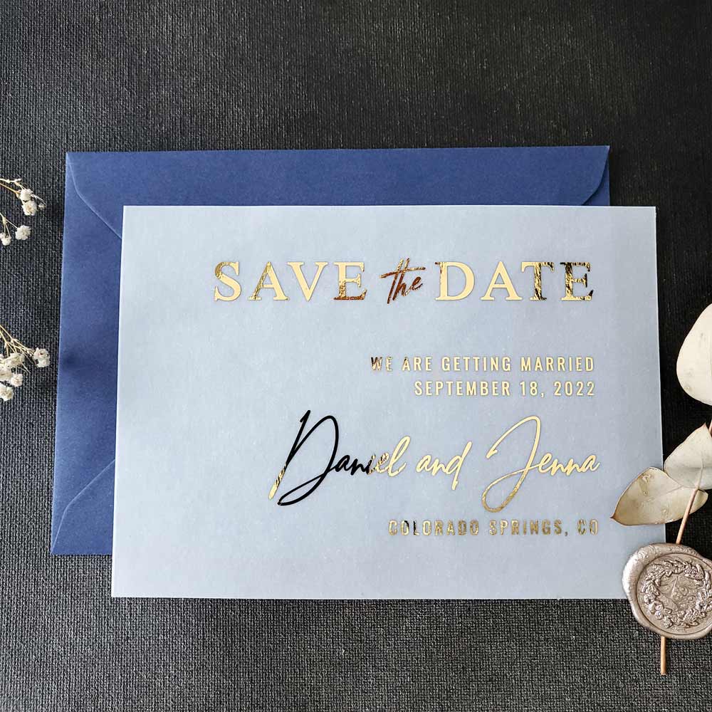 gold foiled vellum wedding save the date cards - XOXOKristen