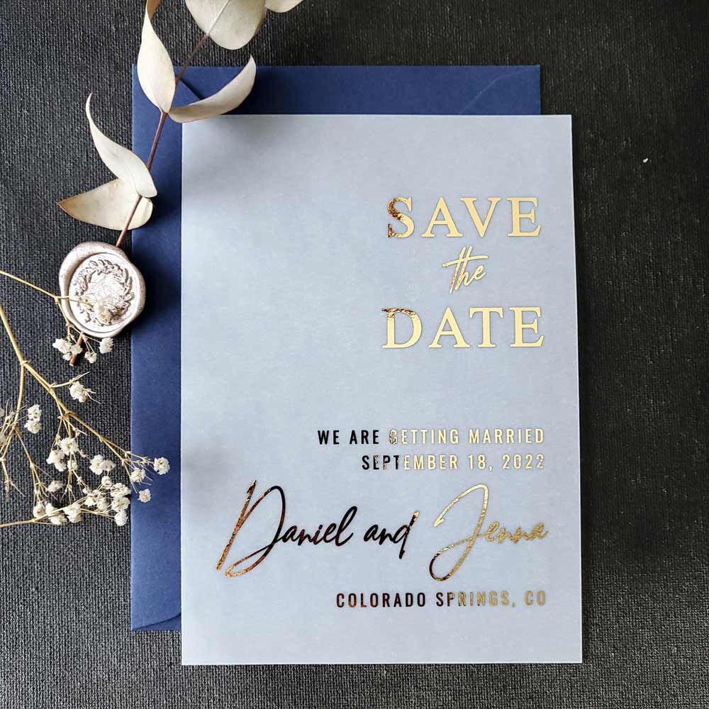 gold foiled vellum wedding save the date cards - XOXOKristen