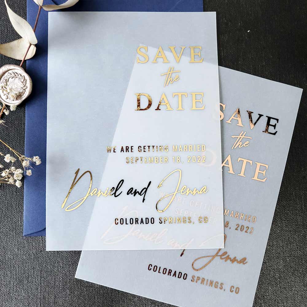 gold foiled vellum wedding save the date cards - XOXOKristen