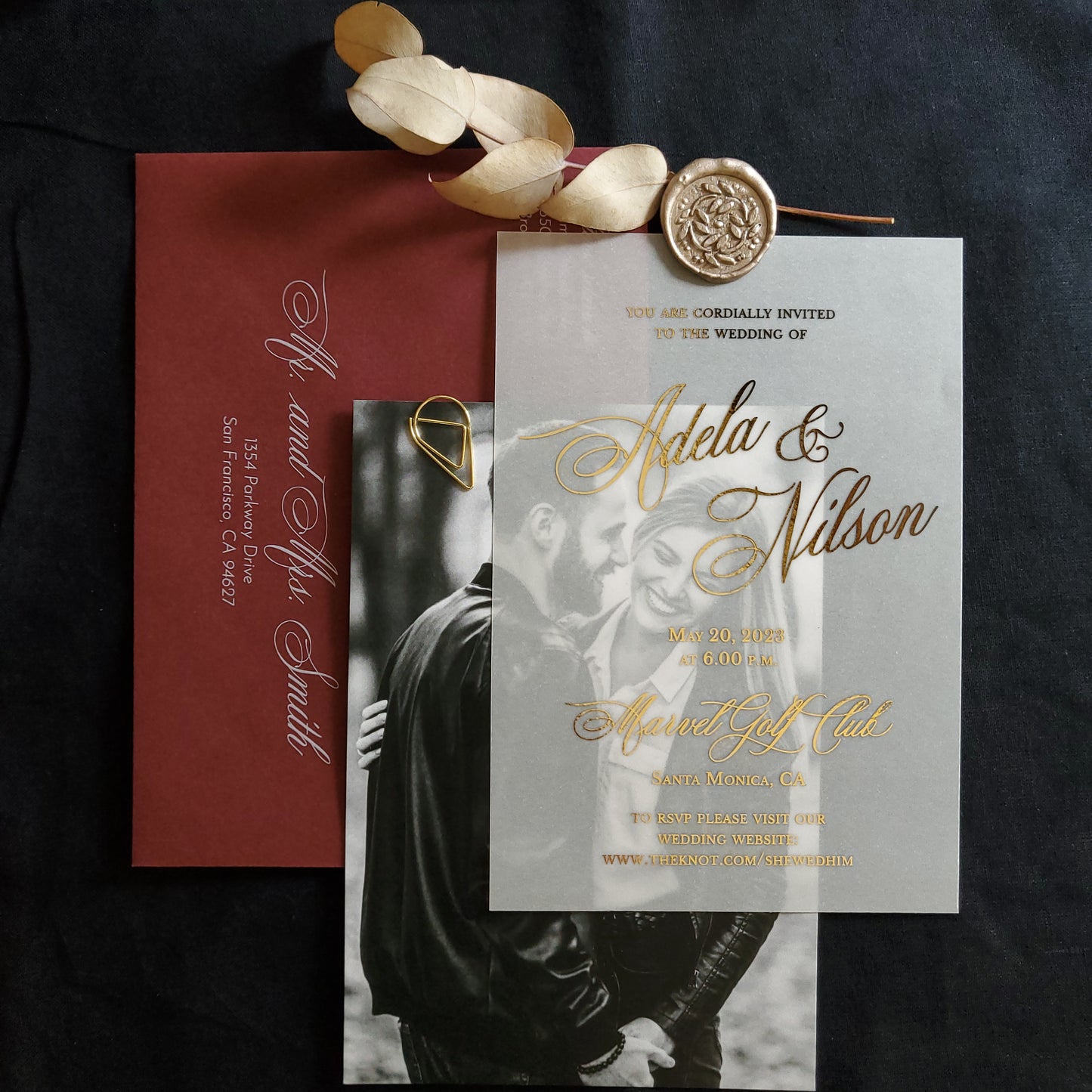 vellum wedding invitations with picture and gold foiled text  - XOXOKristen