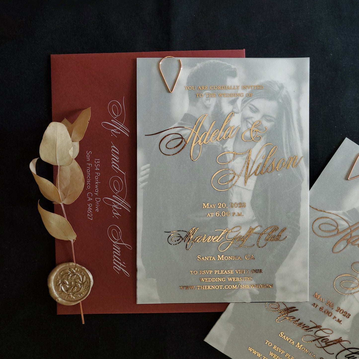 vellum wedding invitations with picture and gold foiled text  - XOXOKristen