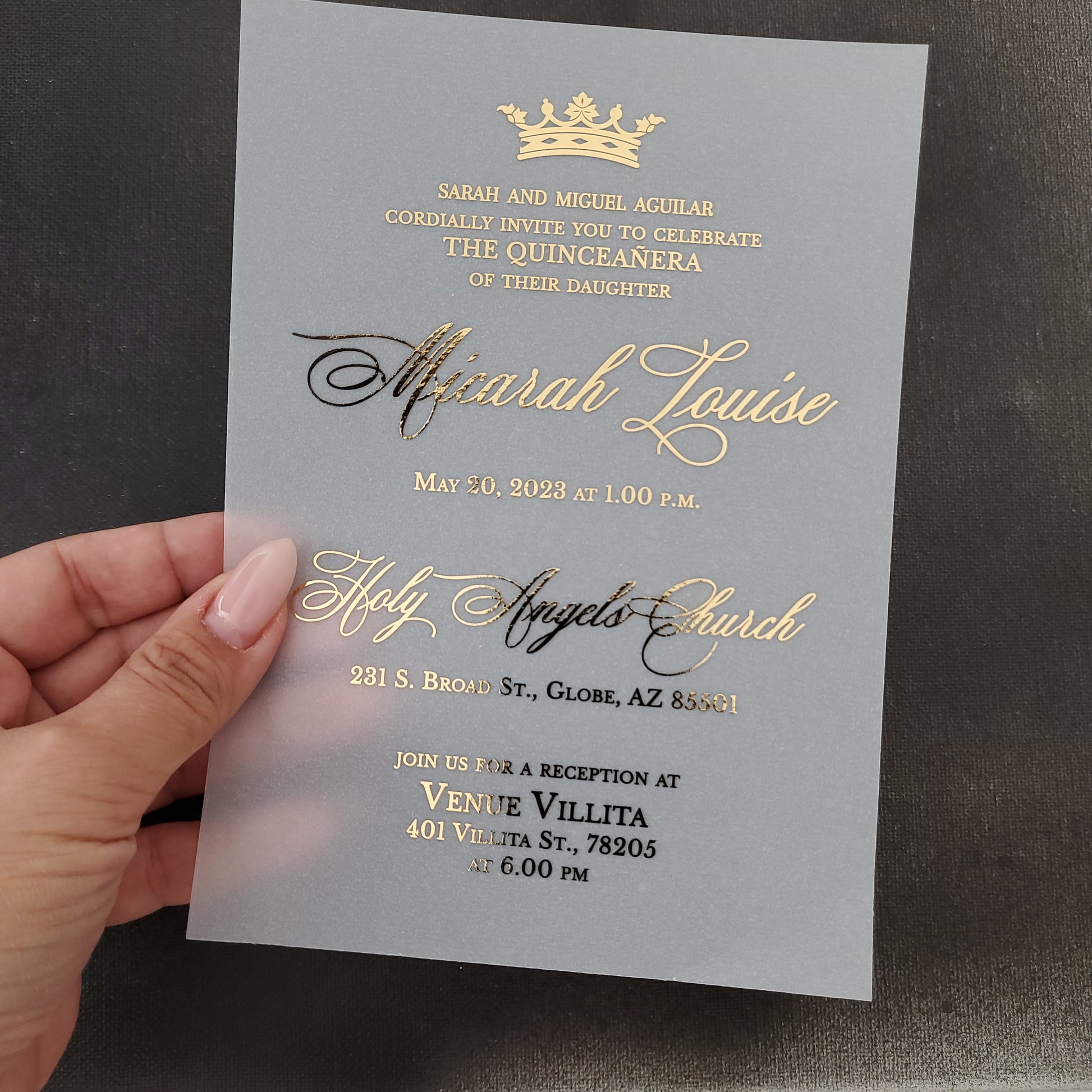 gold foiled vellum quinceanera invites with crown -  XOXOKristen