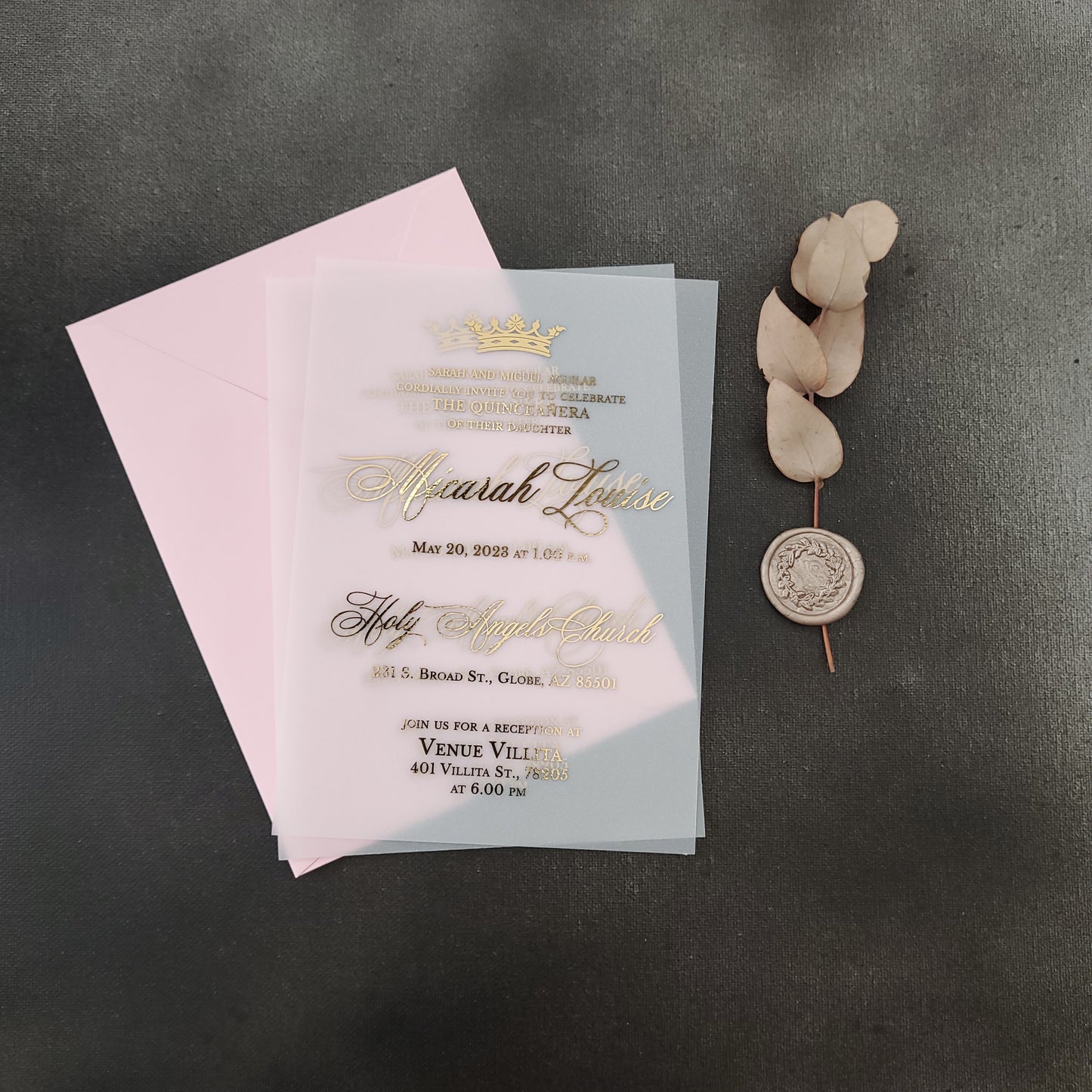 gold foiled vellum quinceanera invites with crown - XOXOKristen