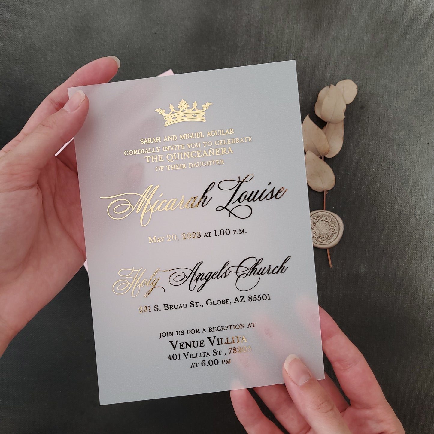 gold foiled vellum quinceanera invites with crown - XOXOKristen