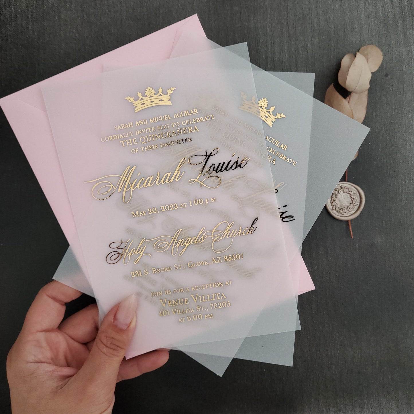 gold foiled vellum quinceanera invites with crown - XOXOKristen