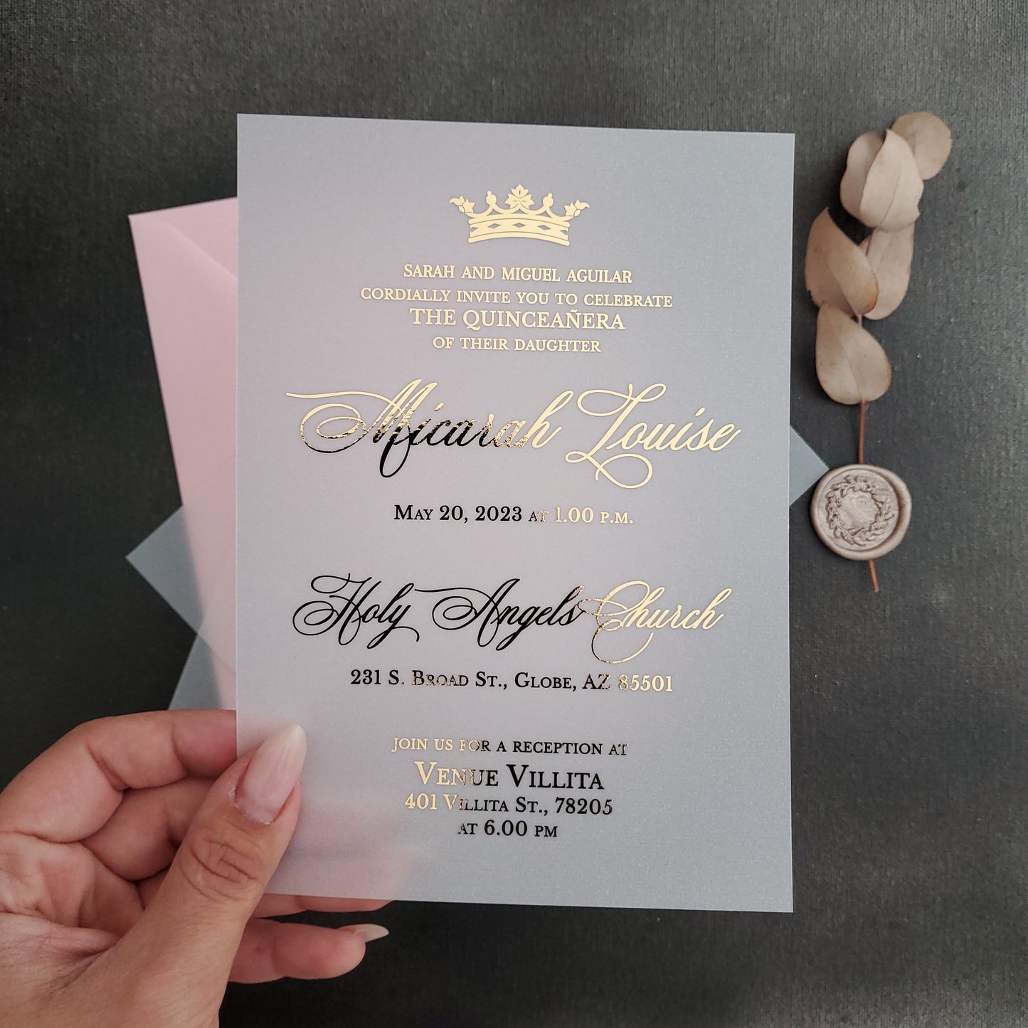 gold foiled vellum quinceanera invites with crown - XOXOKristen