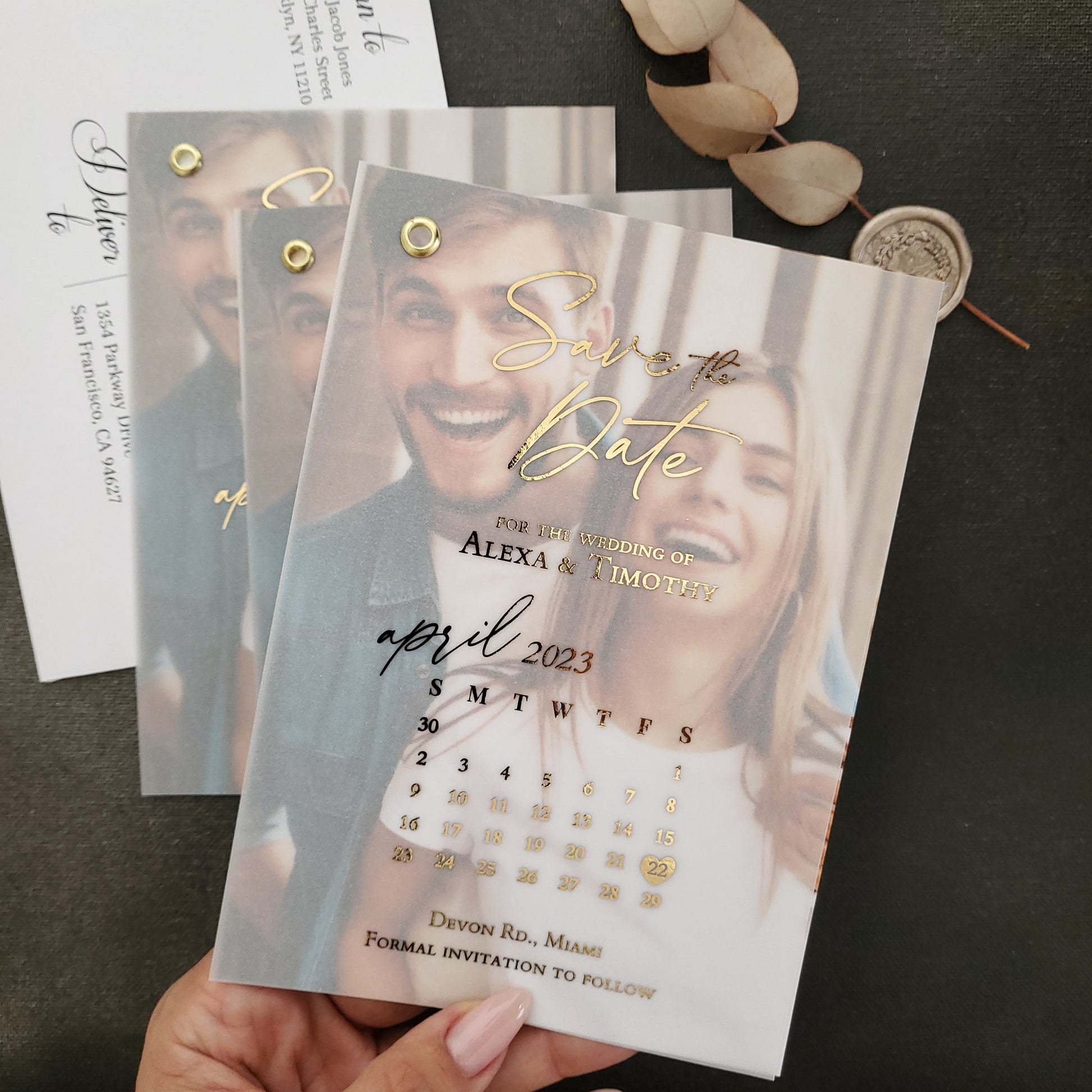 gold foiled vellum save the date with calendar design - XOXOKristen