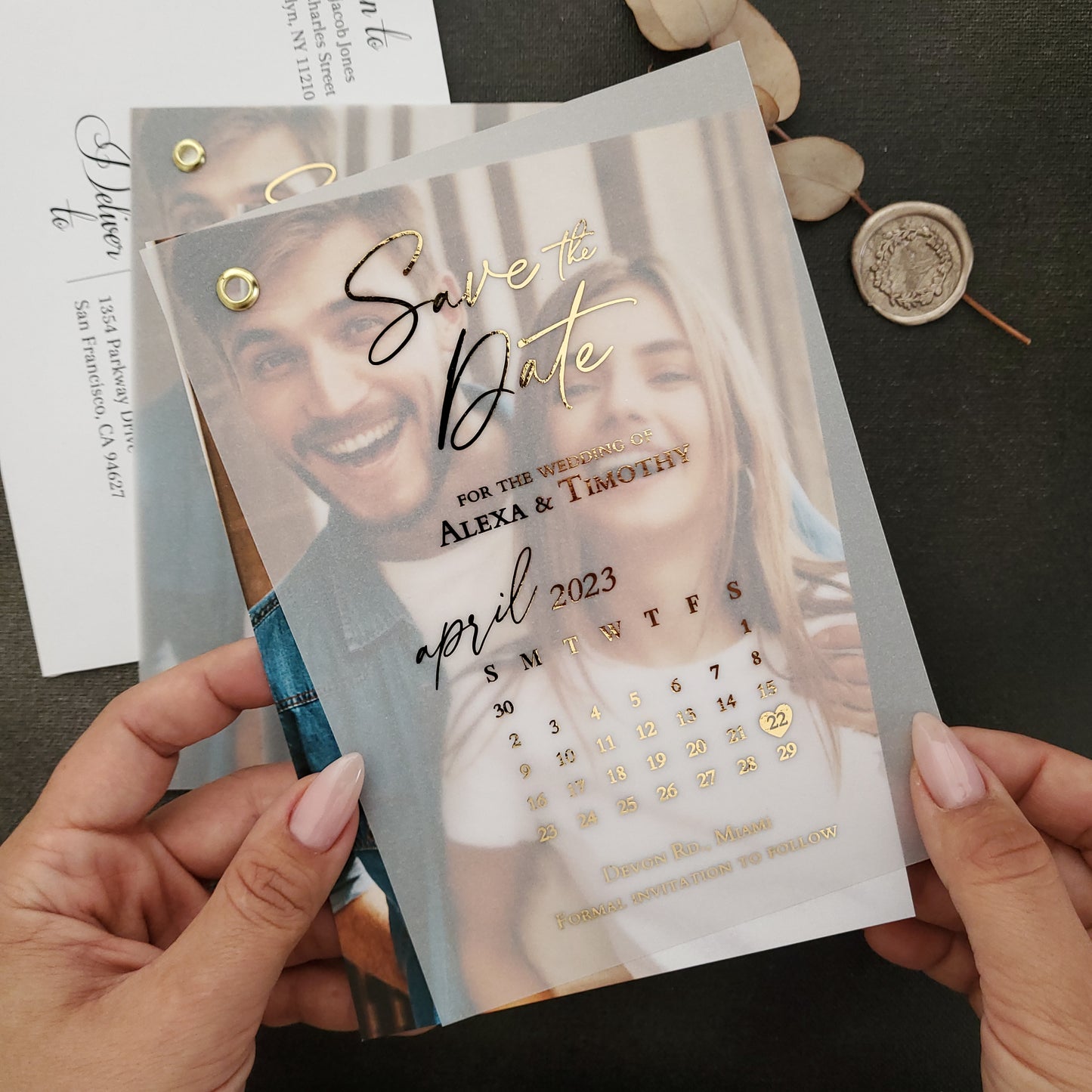 gold foiled vellum save the date with calendar design - XOXOKristen