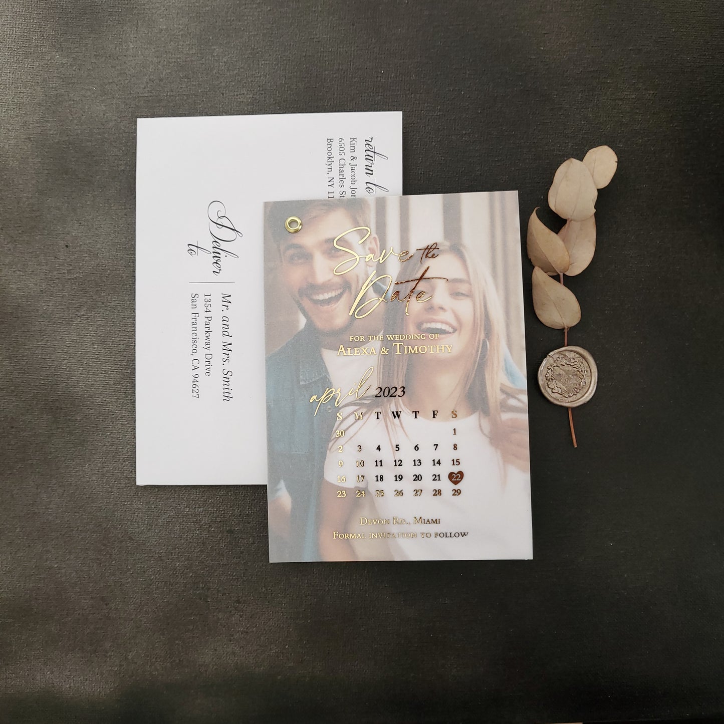 gold foiled vellum save the date with calendar design - XOXOKristen