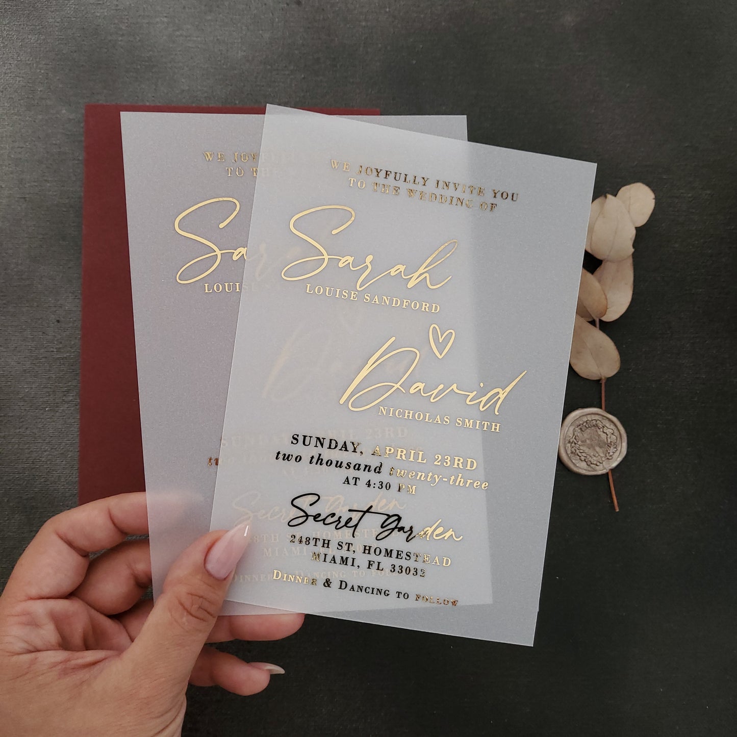 gold foiled wedding invitations on vellum - XOXOKristen