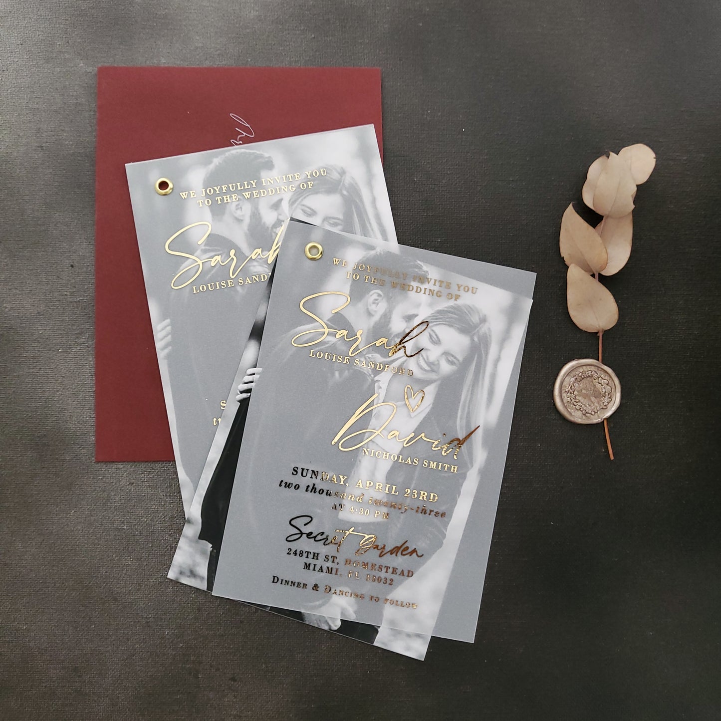 gold foiled vellum wedding invitations with custom picture - XOXOKristren