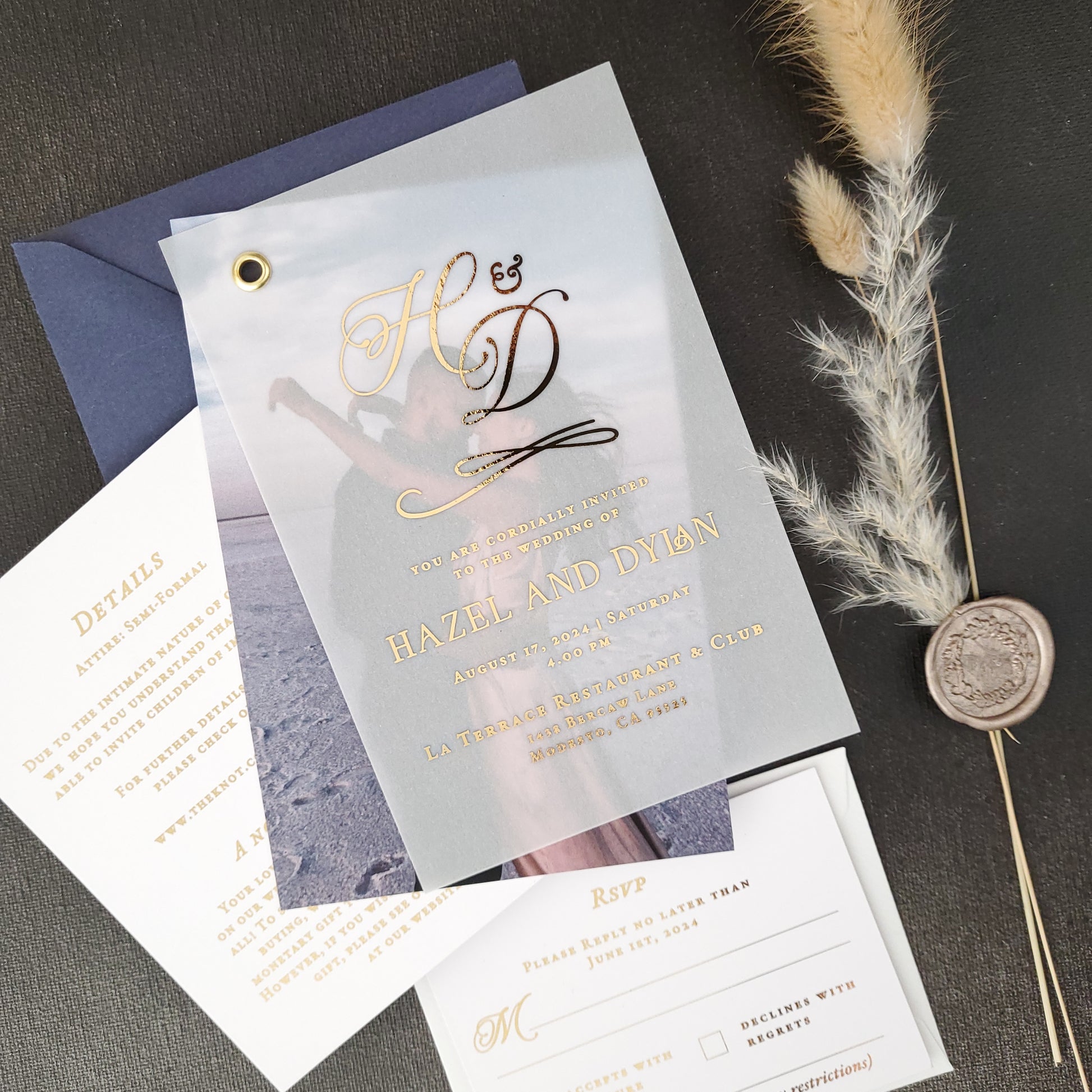 gold foiled vellum wedding suite with invitations, rsvp cards and detail cards - XOXOKristen