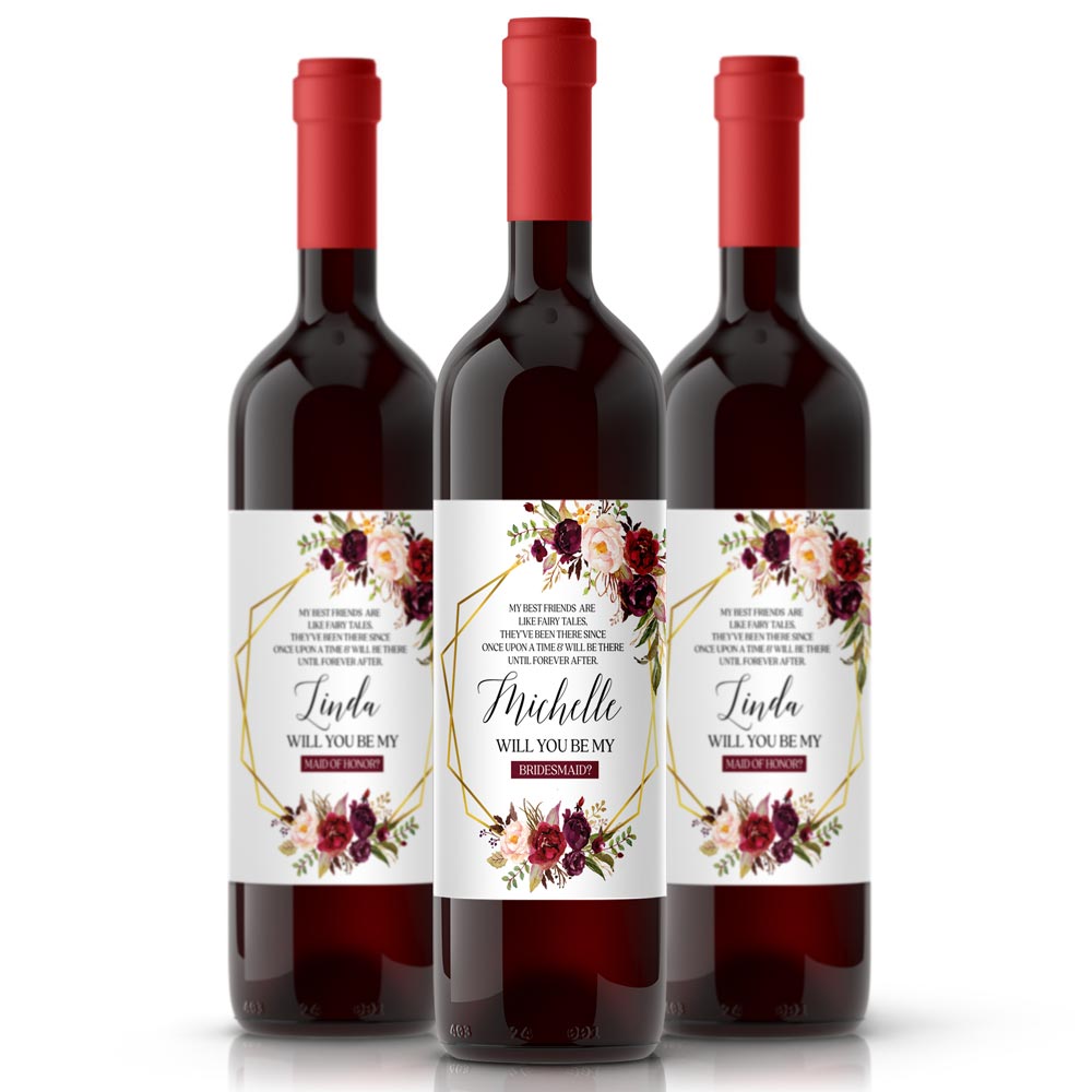 Customised "Will you be my bridesmaid?" wine label with burgundy flower bouquet and gold frame -XOXOKristen