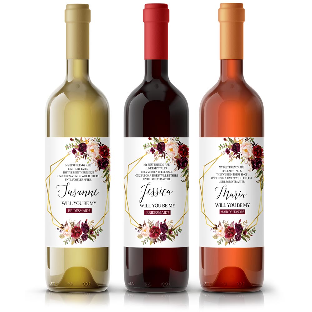 Customised "Will you be my bridesmaid?" wine label with burgundy flower bouquet and gold frame -XOXOKristen