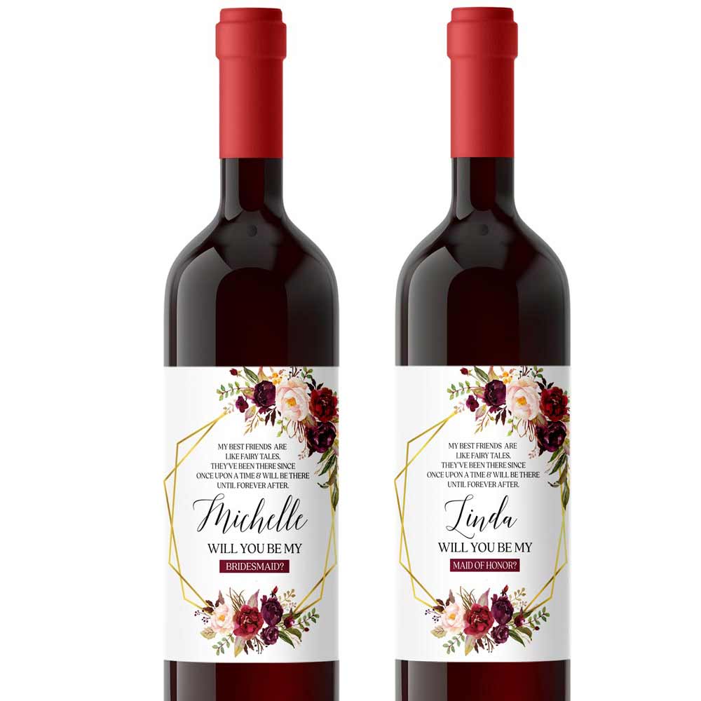 Customised "Will you be my bridesmaid?" wine label with burgundy flower bouquet and gold frame -XOXOKristen