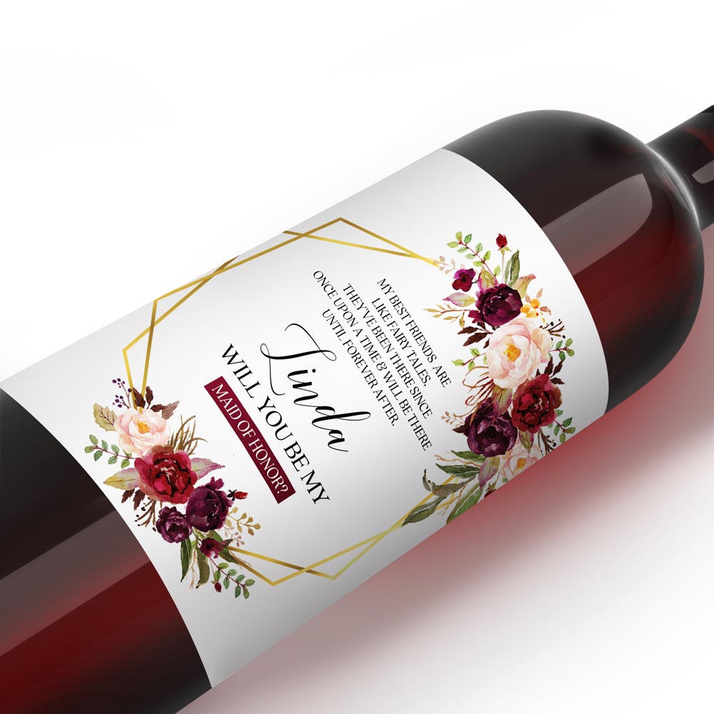 Customised "Will you be my bridesmaid?" wine label with burgundy flower bouquet and gold frame -XOXOKristen