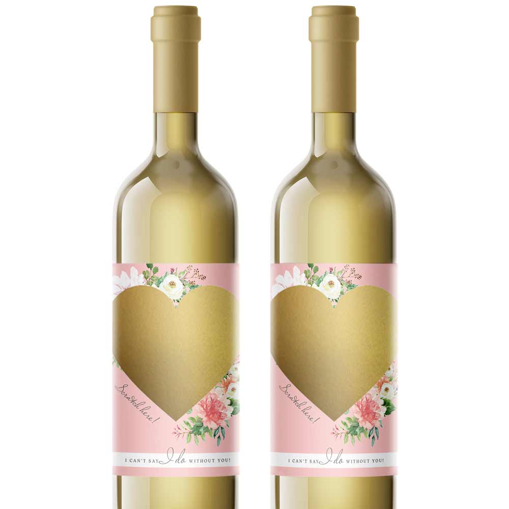 Personalized Will you be my Bridesmaid Pink Flower Bouquet and gold scratch-off heart Wine and Champagne Label - XOXOKristen