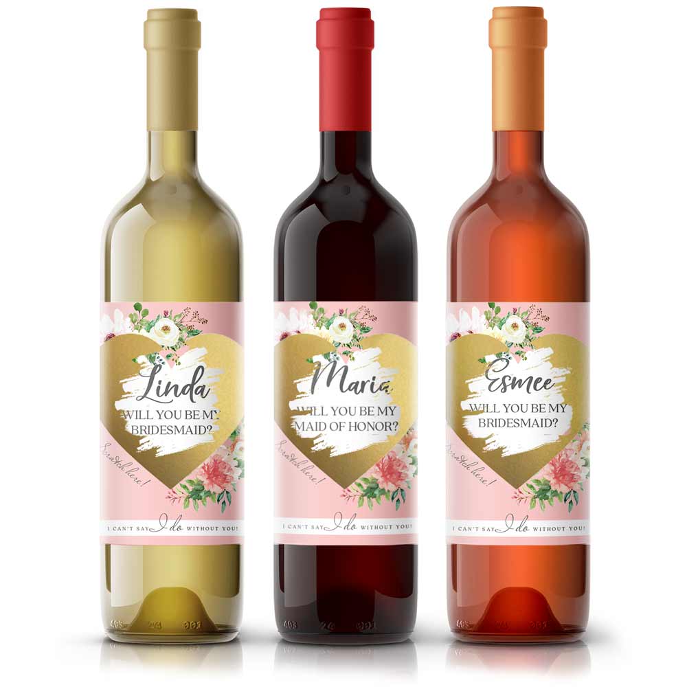 Personalized Will you be my Bridesmaid Pink Flower Bouquet and gold scratch-off heart Wine and Champagne Label - XOXOKristen