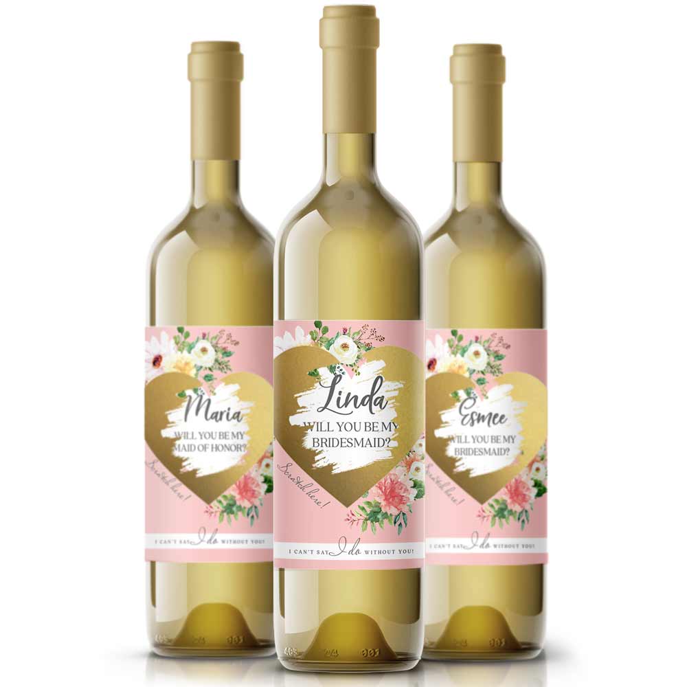 Personalized Will you be my Bridesmaid Pink Flower Bouquet and gold scratch-off heart Wine and Champagne Label - XOXOKristen