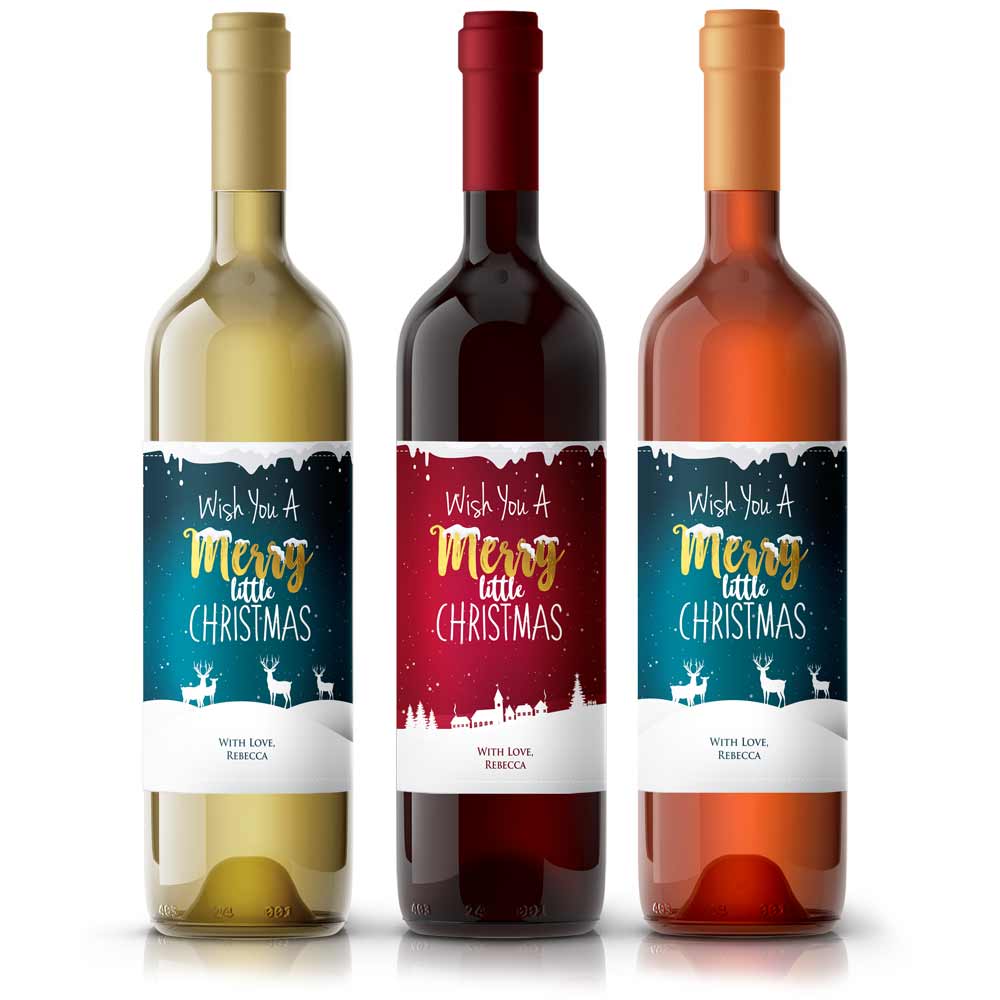 Cute Personalized Merry Little Christmas Wine Labels with snow and deers - xoxokristen