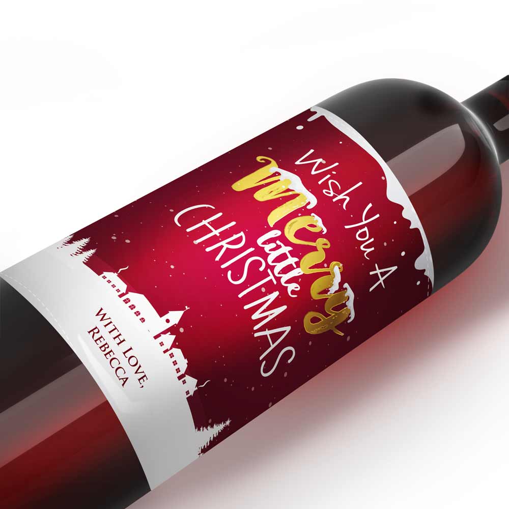 Cute Personalized Merry Little Christmas Wine Labels with snow and deers - xoxokristen