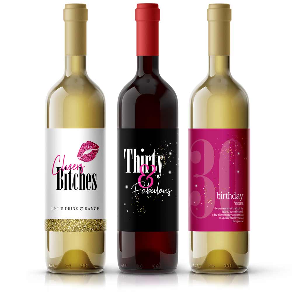 30 Birthday WIne labels in gold, pink and black - xoxokristen