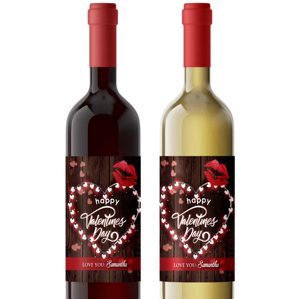 Personalized Happy Valentine's Day Wine Label Lights hearts and kiss - xoxokristen