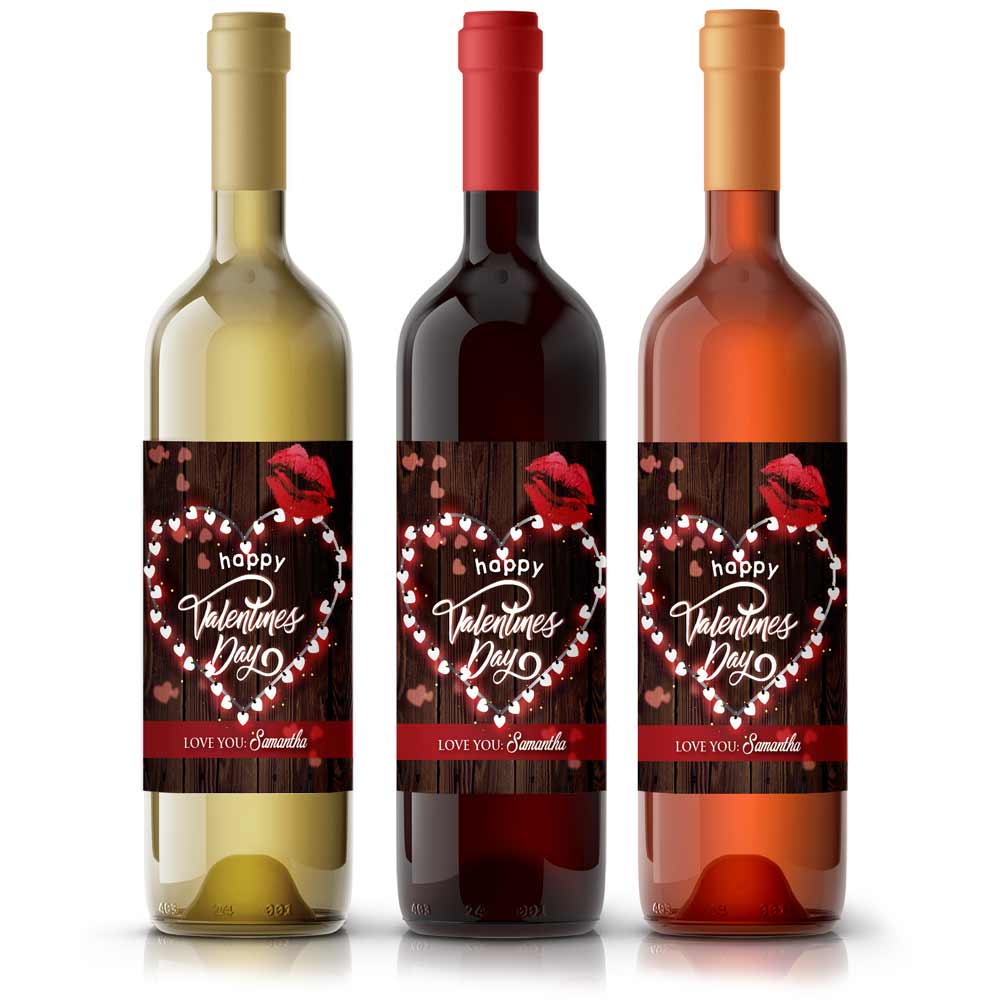 Personalized Happy Valentine's Day Wine Label Lights hearts and kiss - xoxokristen