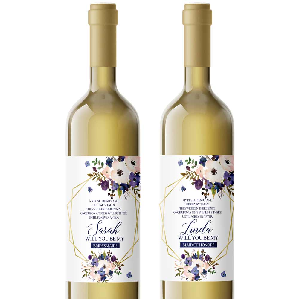 Personalized Will you be my Bridesmaid Blush and Purple Flower Bouquet and Gold Frame Wine and Champagne Label - XOXOKristen