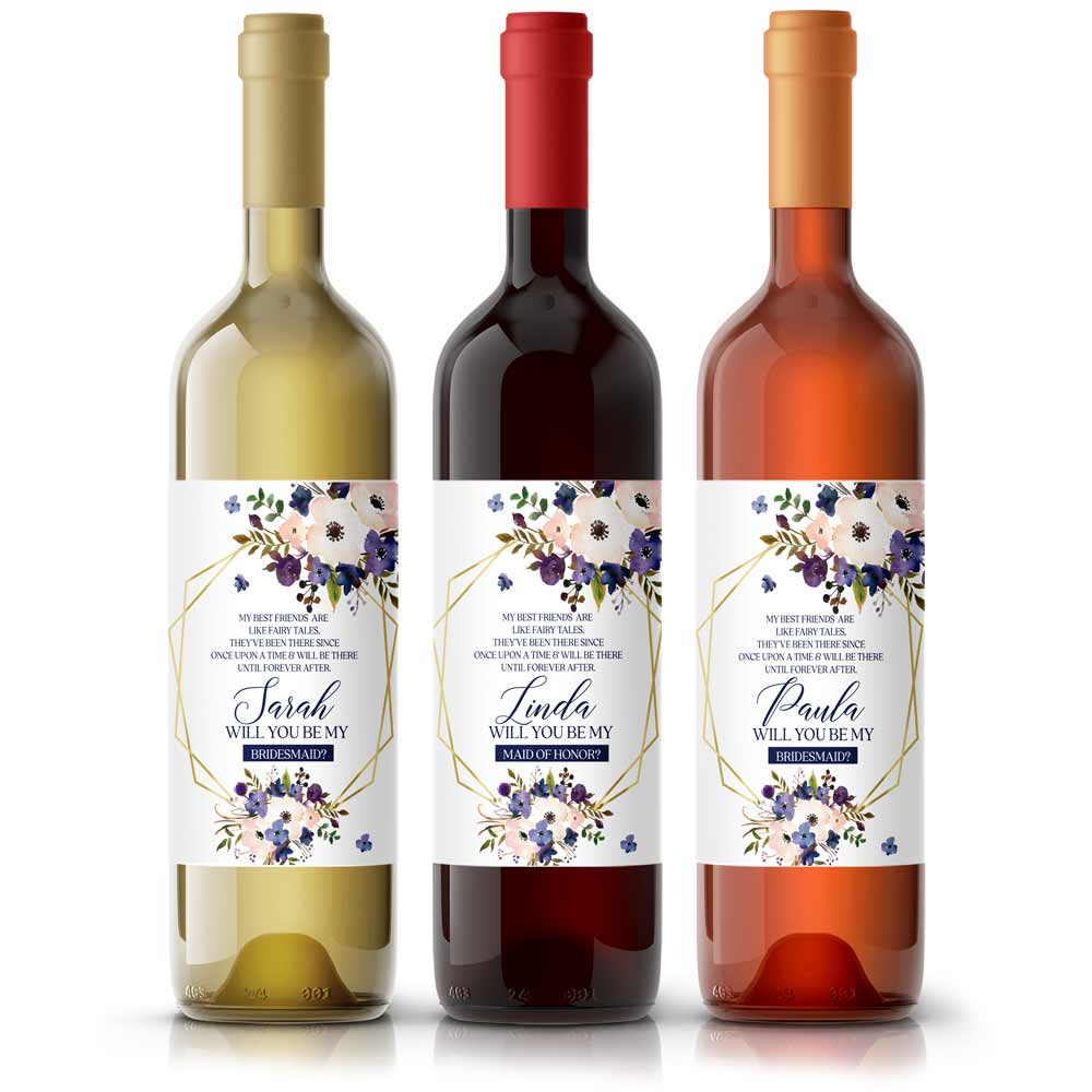 Personalized Will you be my Bridesmaid Blush and Purple Flower Bouquet and Gold Frame Wine and Champagne Label - XOXOKristen
