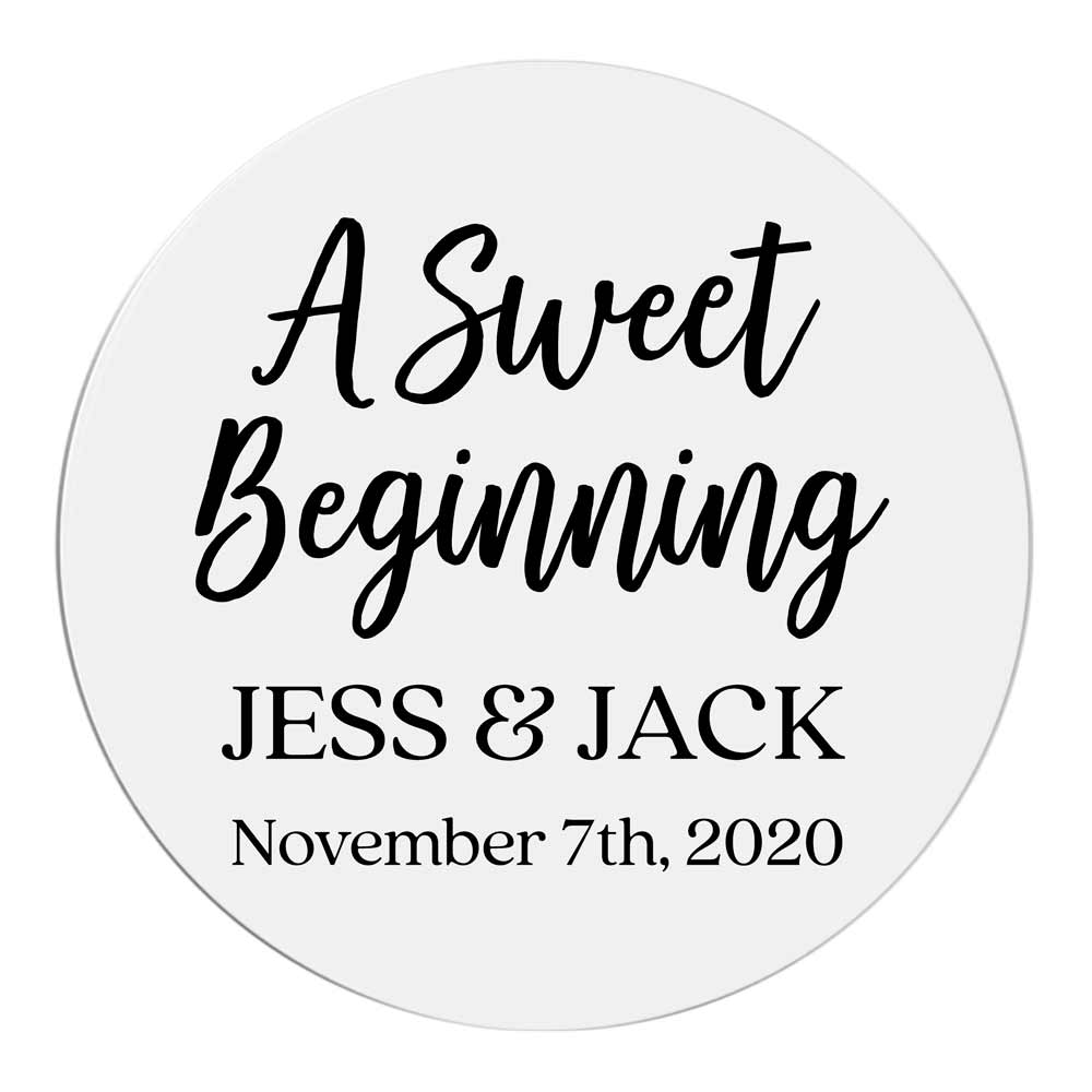 Custom wedding sweet beginnings sticker with real gold foiled lettering. Entirely personalized clear labels.