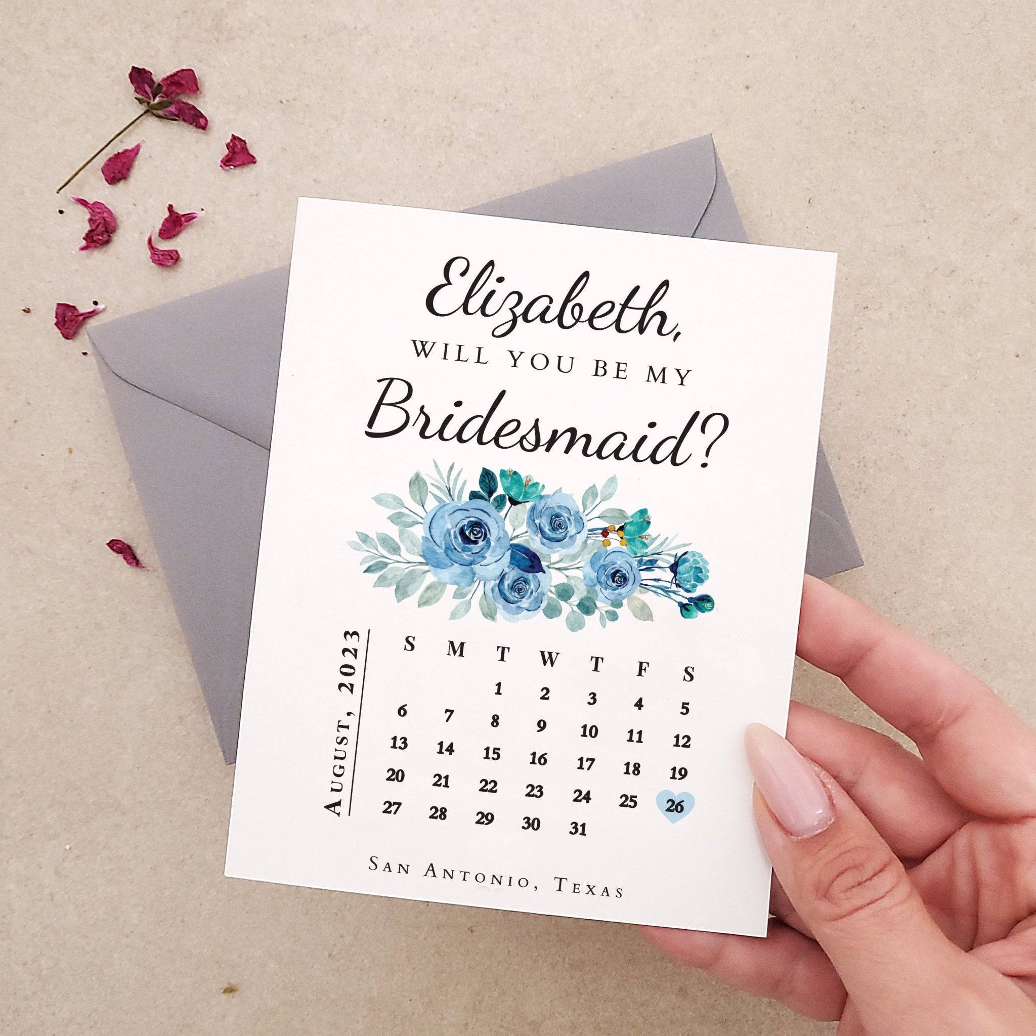 Blue Bridesmaid Proposal Calendar Card - XOXOKristen