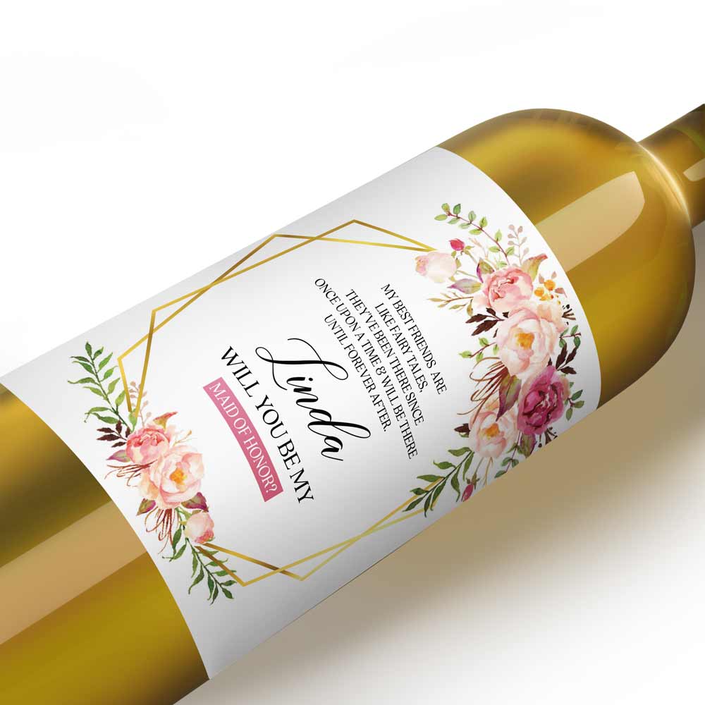 Blush Florals & Gold Frame Bridesmaid Proposal Wine Label - XOXOKristen