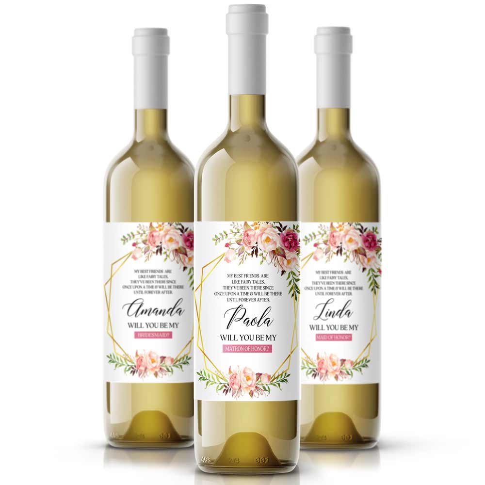 Blush Florals & Gold Frame Bridesmaid Proposal Wine Label - XOXOKristen