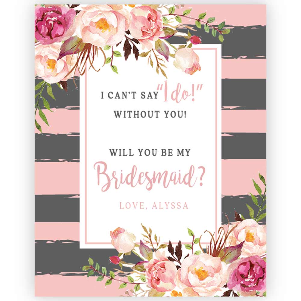 Blush Pink & Grey Stripes and Flowers Bridesmaid Proposal Wine Label - XOXOKristen
