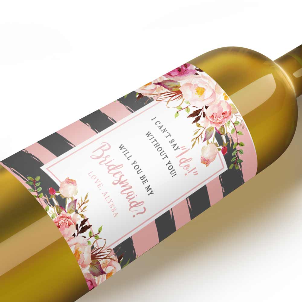 Blush Pink & Grey Stripes and Flowers Bridesmaid Proposal Wine Label - XOXOKristen
