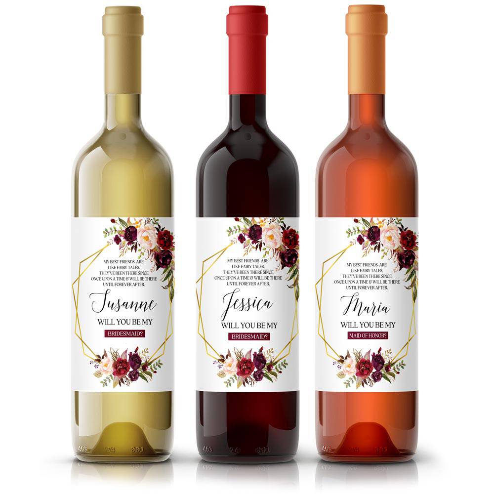 Burgundy Bouquet Will you be my Bridesmaid Wine Bottle Label - XOXOKristen