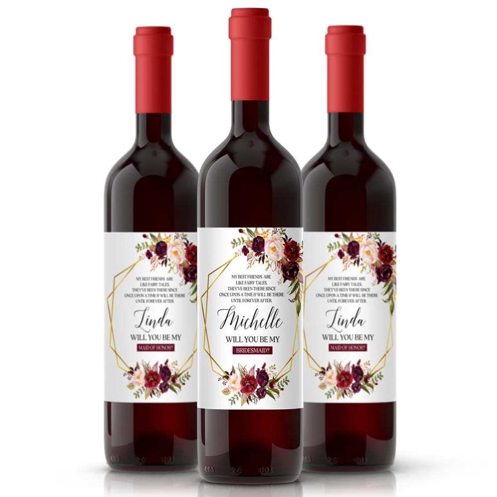 Burgundy Bouquet Will you be my Bridesmaid Wine Bottle Label - XOXOKristen