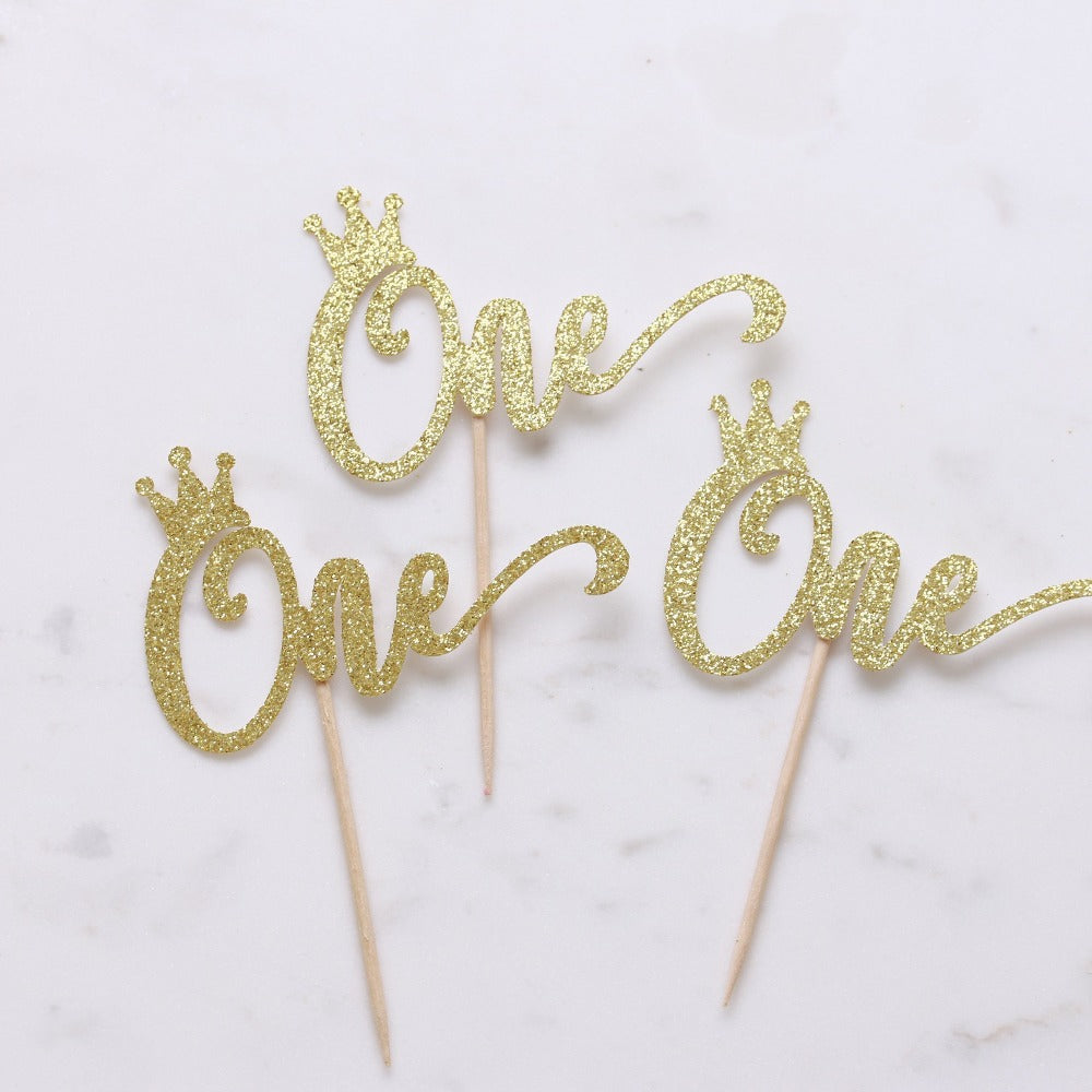 first birthday party decoration - cupcake toppers & picks - gold or silver glitter - one with a crown