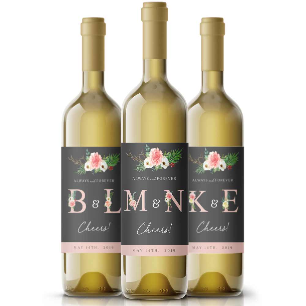 Gray and Pink Garden Beauties Wedding Wine Label - XOXOKristen