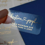 XOXOKristen personalized address label with elegant black script names and modern sans serif address text on white background - XOXOKristen