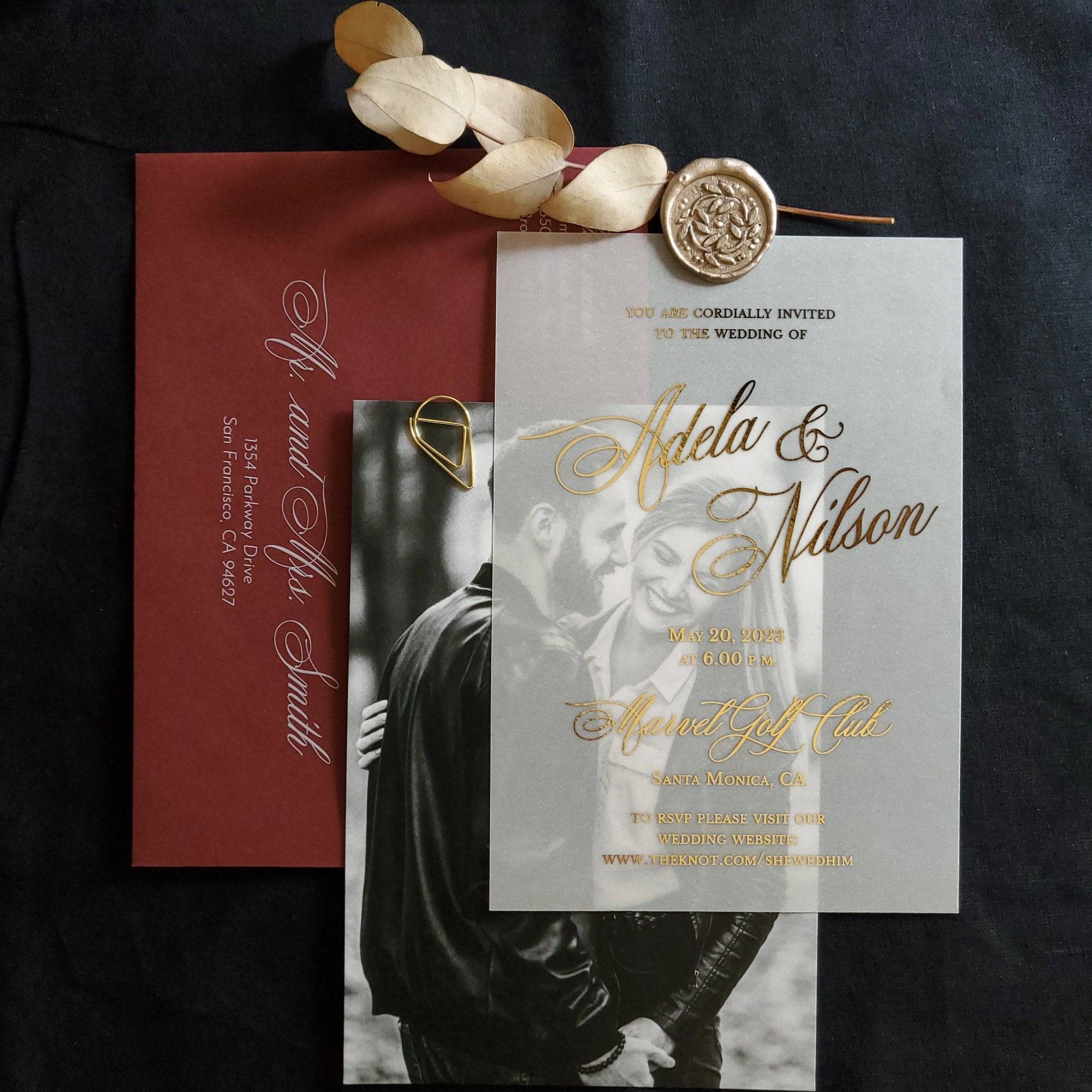 Modern Vellum Wedding Invitations with Gold Foil and Picture - XOXOKristen