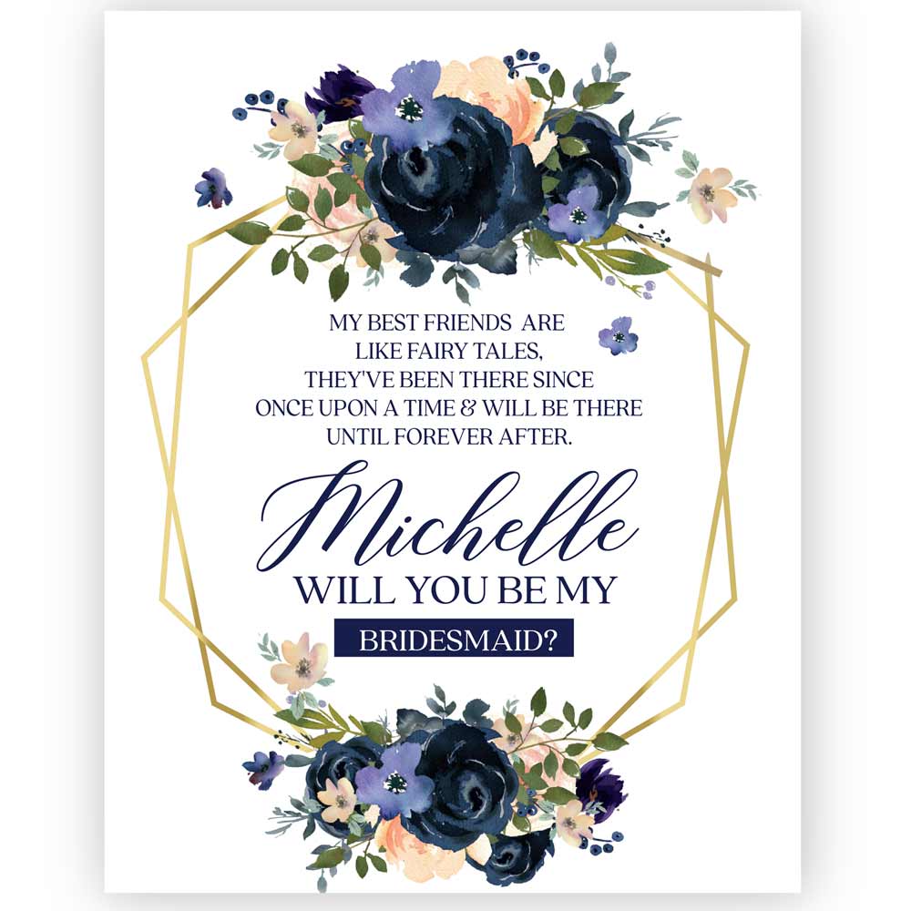 Navy Flowers with Blush Bridesmaid Proposal Wine Label - XOXOKristen