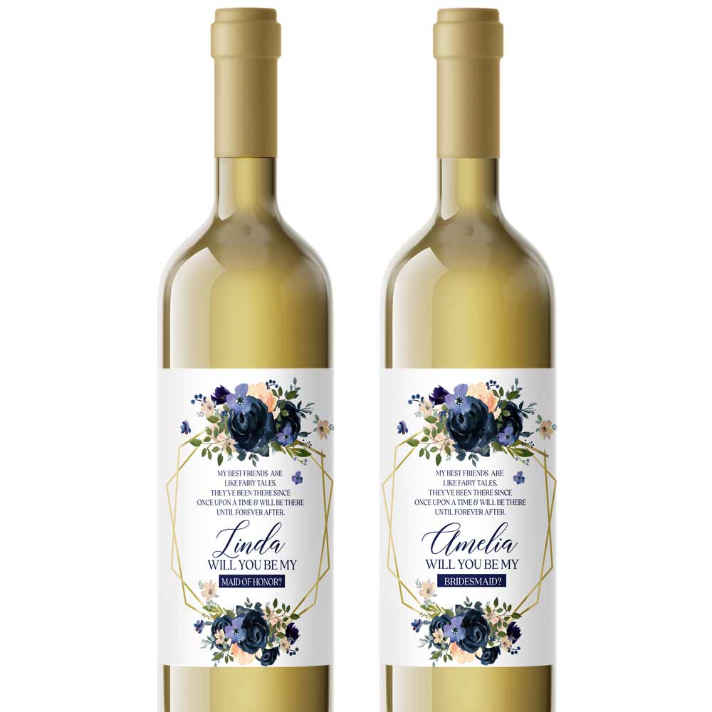 Navy Flowers with Blush Bridesmaid Proposal Wine Label - XOXOKristen