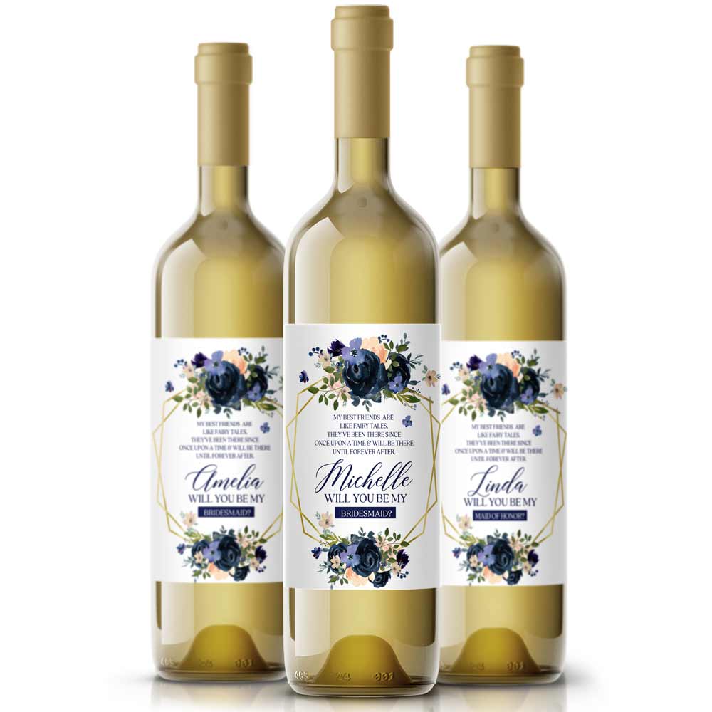 Navy Flowers with Blush Bridesmaid Proposal Wine Label - XOXOKristen