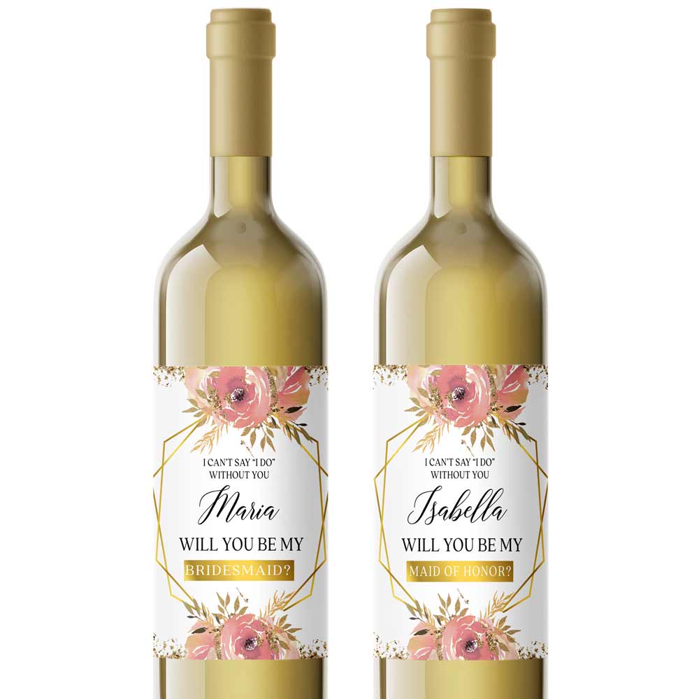 Pink Flowers with Gold Frame Bridesmaid Proposal Wine Label - XOXOKristen